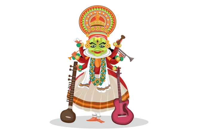 Kathakali dancer with musical instruments  Illustration