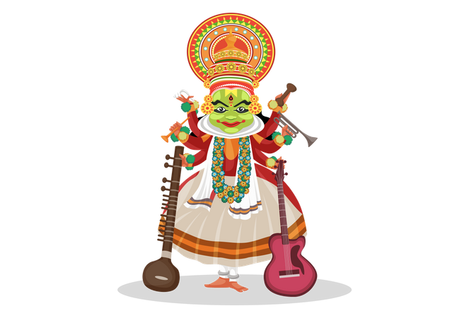 Kathakali dancer with musical instruments  Illustration