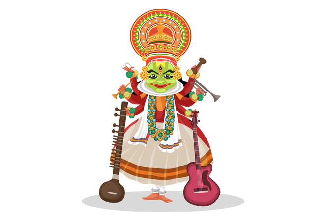 Danseuse Kathakali avec instruments de musique  Illustration