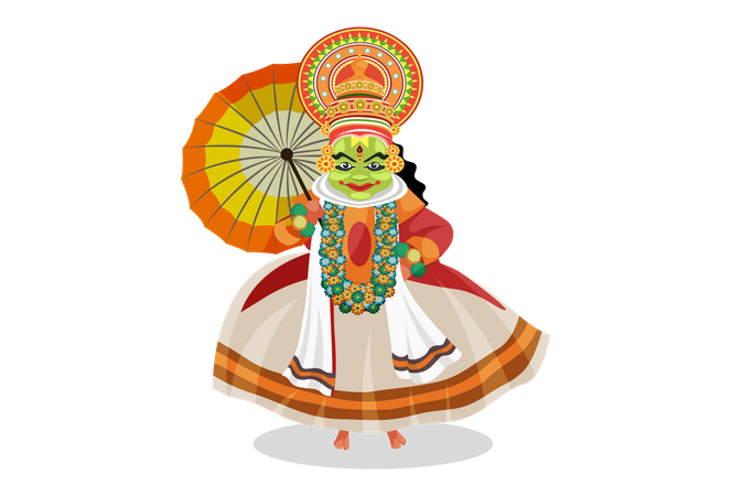 Danseuse Kathakali tenant un parapluie  Illustration