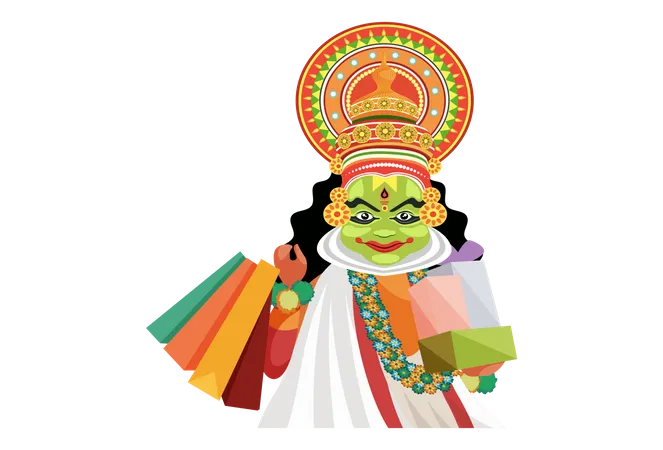 Kathakali-Tänzerin mit Einkaufstüten und Geschenken  Illustration