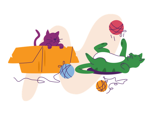 Kätzchen spielen mit Wollknäuel  Illustration