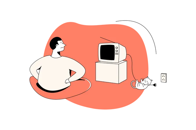 Katze spielt mit Fernsehkabel und Mann verwirrt  Illustration
