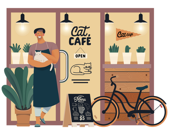 Besitzer eines Katzencafés steht draußen  Illustration