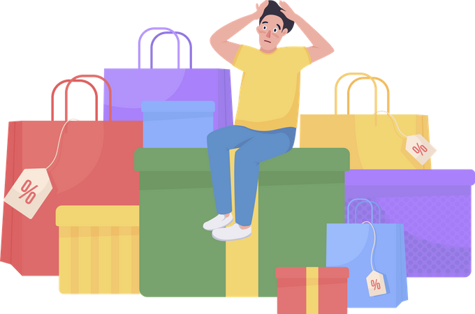 Shopaholic umgeben von Einkaufstüten  Illustration