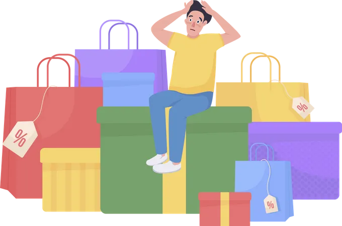 Shopaholic umgeben von Einkaufstüten  Illustration