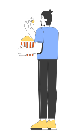 Kaukasischer Mann mit Haarknoten steht und isst Popcorn  Illustration