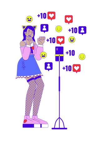 Cosplayer feminina kawaii na frente da câmera do telefone  Ilustração