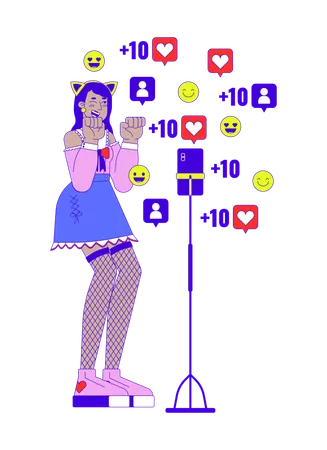 Cosplayer feminina kawaii na frente da câmera do telefone  Ilustração