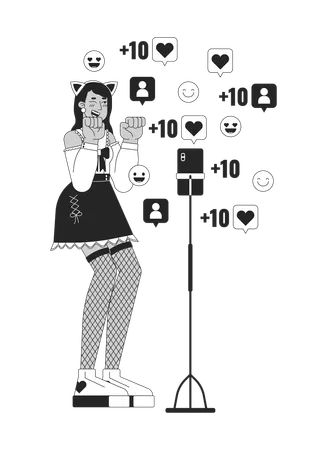 Kawaii Female Cosplayer In Front Of Phone Camera Black And White 2 D Line Cartoon Character Indian Woman Cosplay Isolated Vector Outline Person Dance Social Media Monochromatic Flat Spot Illustration Illustration