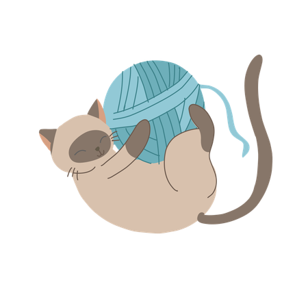 Kawaii-Katze spielt mit Garn im lustigen Cartoon-Stil  Illustration