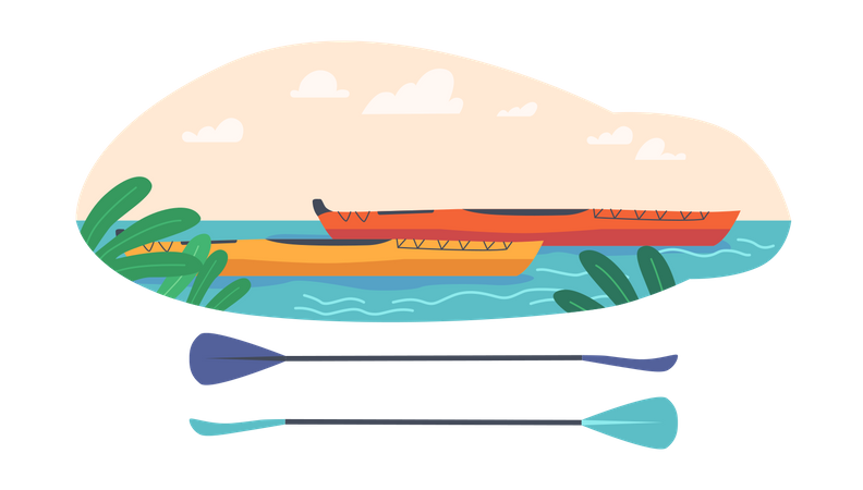 Barcos de kayak en el río.  Ilustración