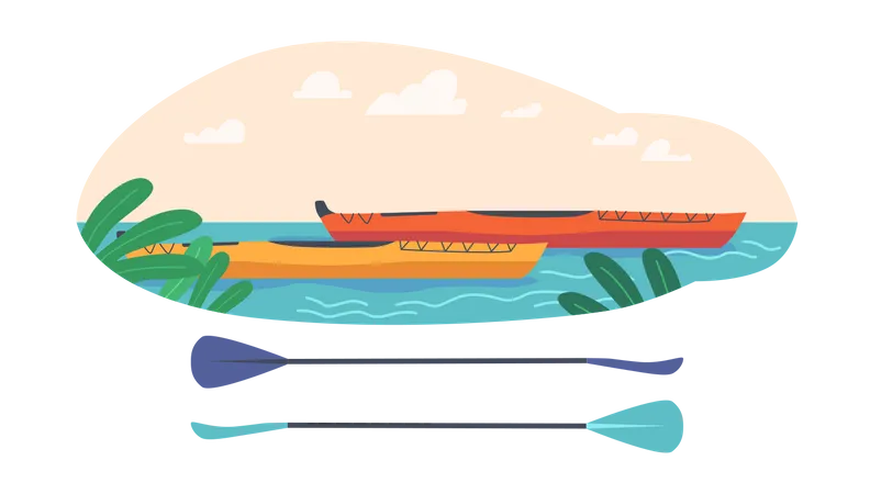 Lanchas Kayak O Canoa Con Remos Para Rafting Canotaje Paseos En Bote O Kayak Deportes Y Actividades Extremas Barcos En Estanques De Agua Rios Mares O Lagos Competicion De Remo Ilustracion Vectorial De Dibujos Animados Ilustración