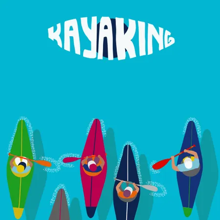 Vector De Hombre En Kayak Canotaje Chaleco Chaqueta Remo Kayak En Barco Deporte Acuatico En Kayak Ilustracion De Dibujos Animados Planos Remando En Primera Persona Hermosa Caricatura Diversion Al Aire Libre Remando Kayak Con Letras Ilustración