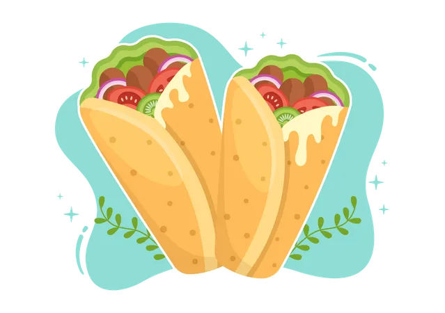 Kebab Vector Illustration With Stuffing Chicken Or Beef Meat Salad And Vegetables In Bread Tortilla Wrap In Flat Cartoon Hand Drawn Templates イラスト