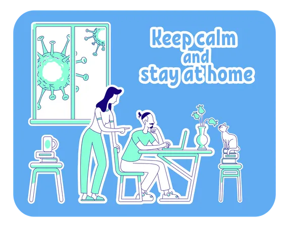 Keep Calm And Stay At Home Thin Line Concept Vector Illustration Couple Searching Internet Man And Woman With Laptop Quarantine 2 D Cartoon Characters For Web Design Self Isolation Creative Idea Illustration