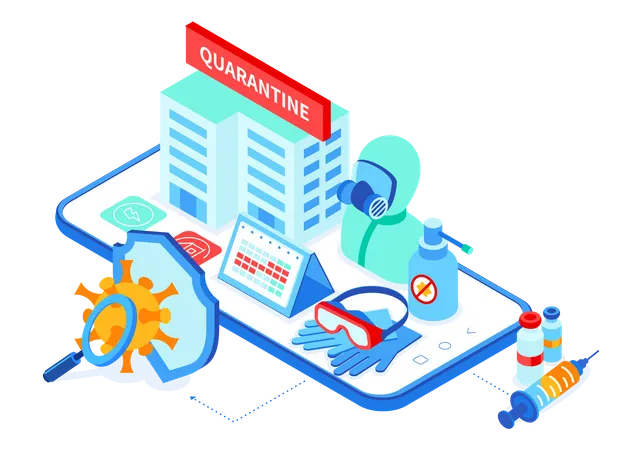Keep Quarantine Modern Colorful Isometric Web Banner With Copy Space For Text A Composition With Isolation Hospital Calendar On Smartphone Screen Images Of Protective Means Sanitizer Vaccine 일러스트레이션