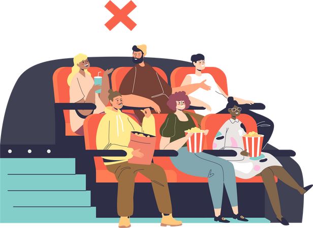 Kein sozialer Abstand im Kino, da die Leute dicht beieinander sitzen und keine medizinischen Masken tragen  Illustration
