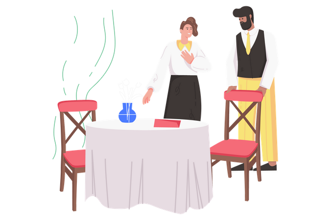 Kellner begrüßt weiblichen Besucher  Illustration