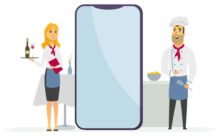 Kellner und Koch stehen neben dem Handy-Bildschirm  Illustration