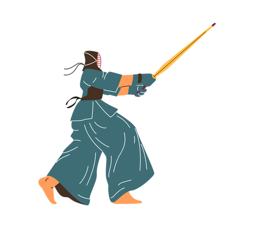 Kendo fighter wear protective clothing and mask with bamboo sword fencing  Illustration