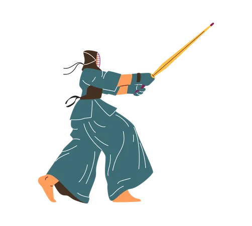 Kendo fighter wear protective clothing and mask with bamboo sword fencing  Illustration