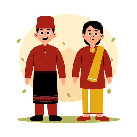 Kepulauan Riau Traditional Couple in Cultural Clothing, Riau islands  Illustration
