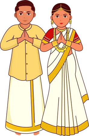 Adorable Avatar De Dibujos Animados De La Pareja De Novios De Kerala Saludando A Namaste En Pose De Pie Ilustración