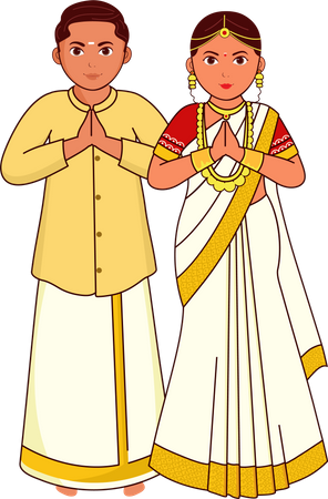 Kerala Wedding Couple Greeting Namaste  Illustration