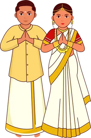 Kerala Wedding Couple Greeting Namaste  Illustration