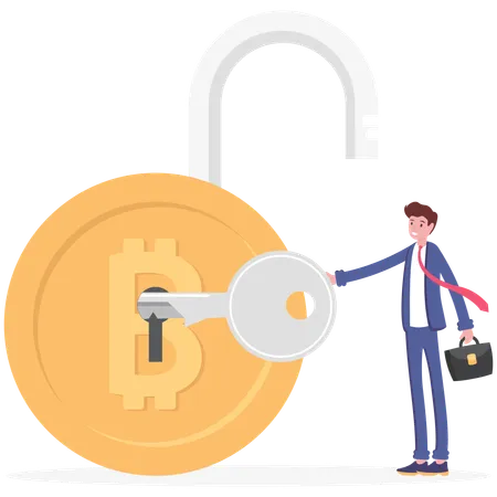 The Key Opens A Bitcoin Lock Concept Of Success Key Unlock Vector Image Illustration 일러스트레이션