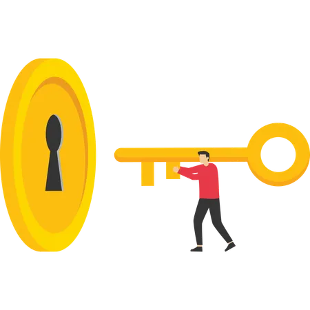 Financial Key Success Unlock Secret Reward For Investment Opportunity Wealth Solution To Make Money And Gain Profit Concept Smart Businessman Investor Holding Huge Golden Key To Unlock Coin Keyhole イラスト