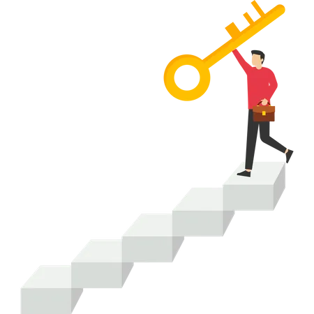 Keys To Business Success Concept Winning Businessman Walking Up Ladder Lifting Golden Key Of Success To Sky Ladder To Find Secret Key Or Achieve Career Target Concept Illustration