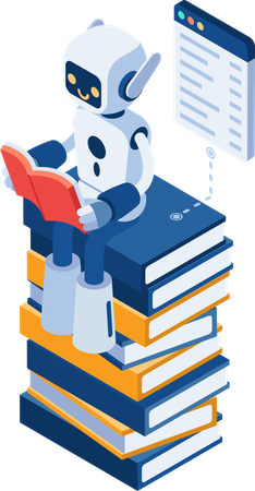 KI-Roboter liest auf einem Stapel Bücher  Illustration