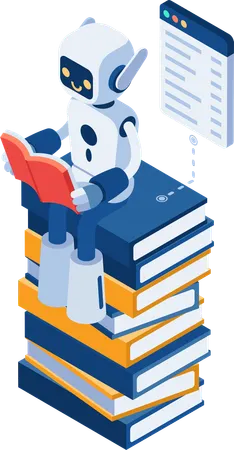 KI-Roboter liest auf einem Stapel Bücher  Illustration