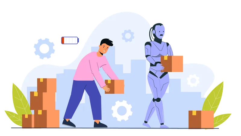 KI-Roboter und Mensch arbeiten zusammen im Logistikgeschäft  Illustration