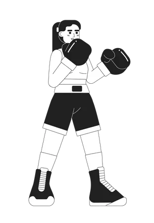 Kickboxing Young Woman Monochromatic Flat Vector Character Caucasian Girl Wearing Boxing Gloves Editable Thin Line Full Body Person On White Simple Bw Cartoon Spot Image For Web Graphic Design Illustration