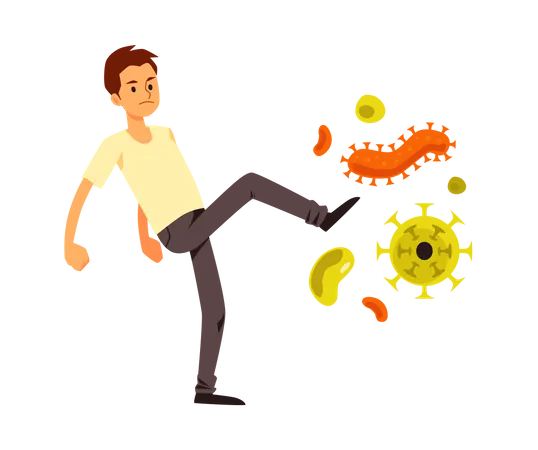 Young Man Kicking Out Viruses And Bacterias Good Health And Strong Immune System Body Resistance To Disease Illustration