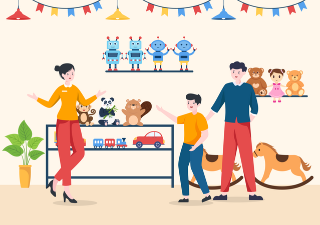 Kid And Father In Kids Shop Illustration