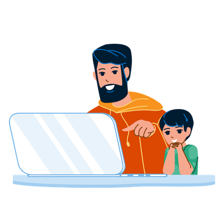 Kid And Father is Using Laptop Together  イラスト
