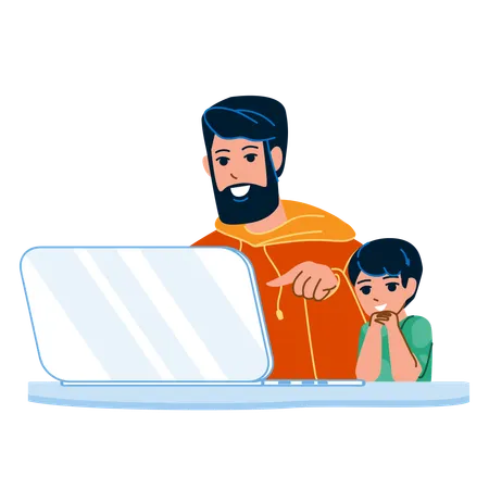 Kid Boy And Father Using Laptop Together Vector Daddy And Son Child Watching Movie Or Playing Video Game On Laptop Characters Family Playful And Recreational Time Flat Cartoon Illustration イラスト
