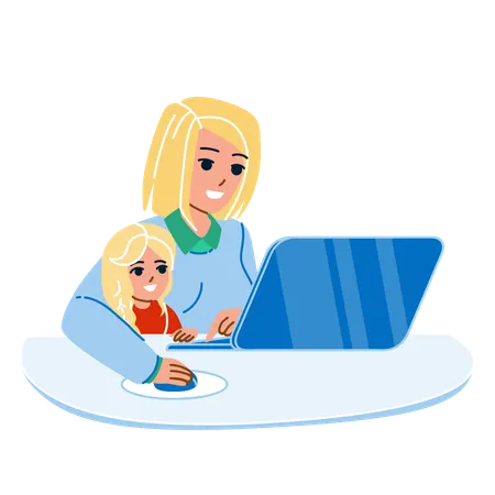 Kid Girl And Mother Using Laptop Together Vector Woman With Daughter Reading Electronic Book Or Watching Online Movie On Laptop Characters Family Enjoying Flat Cartoon Illustration Illustration