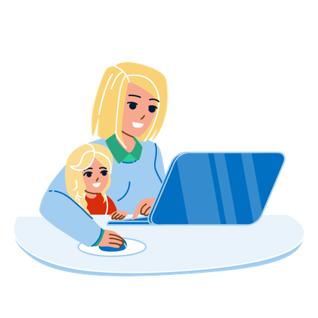 Kid And Mother is Using Laptop Together  Illustration