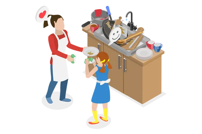 Kid and Mother Washing Dishes  Illustration