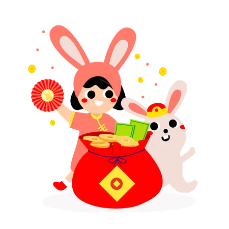 Kid and rabbit celebrating chinese new year  Illustration