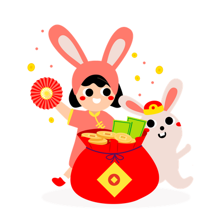 Kid and rabbit celebrating chinese new year  Illustration