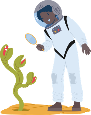 Kid Astronaut Explores An Alien Planet With A Magnifying Glass  Illustration