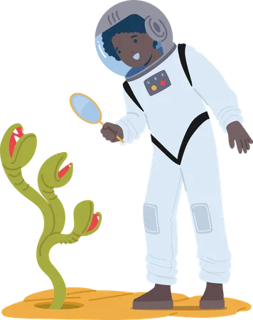 Kid Astronaut Explores An Alien Planet With A Magnifying Glass Discovering Strange Life Forms Young Explorer Marvels At Extraterrestrial Wonders Eyes Wide With Curiosity And Amazement Vector Illustration