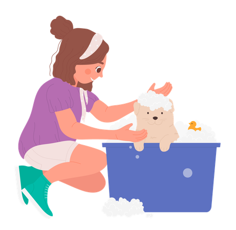 Kid bathing dirty dog  イラスト
