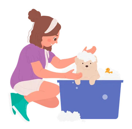 Kid Bathing Dirty Dog Vector Illustration Cartoon Child Cleaning Wet Domestic Animal With Bubbles Of Shampoo Puppy Sitting In Backyard Of House Background Pet Hygiene Grooming Care Concept Illustration